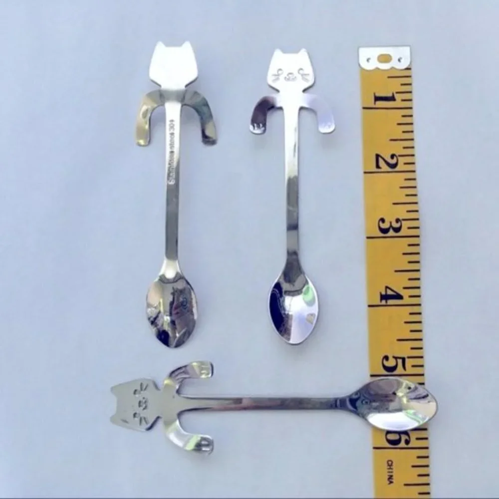 Cat Spoons Tea Spoons Stirrers Cup Hugging Kitty Cats Stainless Steel 2 PC Set